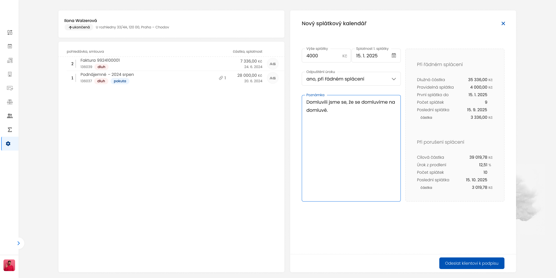 Vyplněný splátkový kalendář v aplikaci reles.to